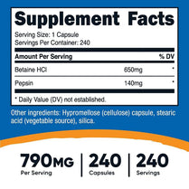 Nutricost Betaine HCl + Pepsin 790mg, 240 Capsules - Gluten Free & Non-GMO