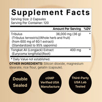 Tribulus Terrestris 36,000mg with Tongkat Ali 400mg Per Serving for Men, 240 Capsules – 95% Steroidal Saponins & Eurycoma Longifolia,  Non-GMO, No Gluten