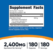 Nutricost Bitter Melon 600mg (2,400mg Equivalent), 180 Capsules - Gluten Free, Non-GMO