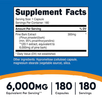 Nutricost Pine Bark Extract 6000mg Equivalent, 180 Capsules, 300mg Standardized to Contain 95% Proanthocyanidins - Vegetarian, Non-GMO and Gluten Free