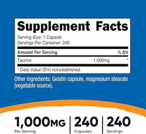 Nutricost Taurine 1000mg Capsules Supplement, 240 Capsules Per Bottle, Non-GMO & Gluten Free